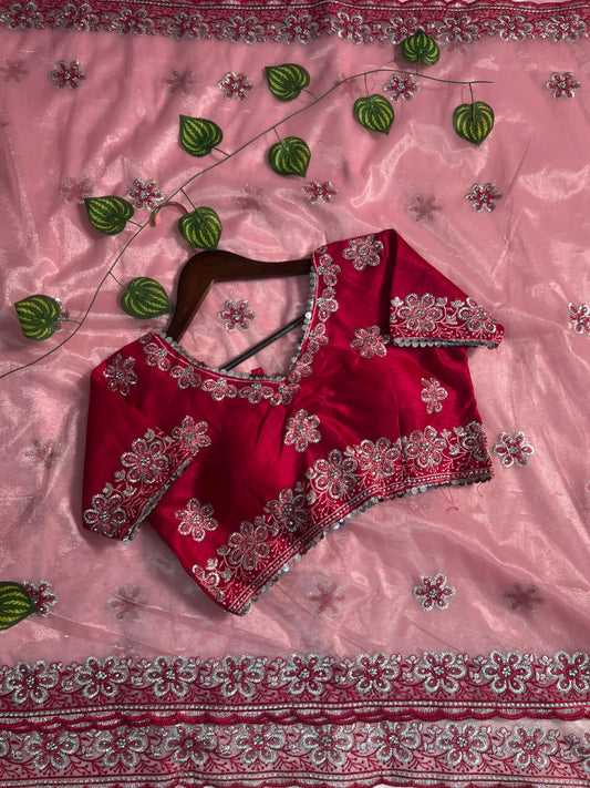 Charismatic Pink Organza Silk Saree With Whimsical Full Stitched Blouse