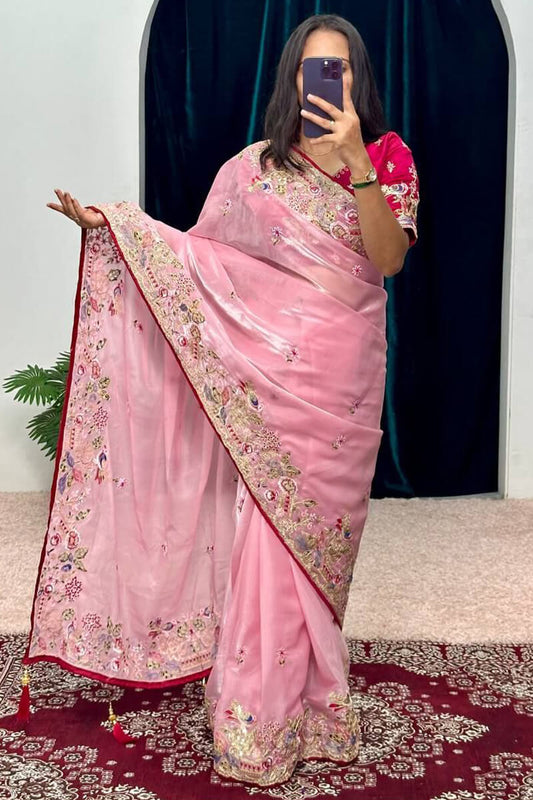 Bewitching Pink Embroidery Work Jimmy Choo Silk Saree With Redolent Blouse Piece