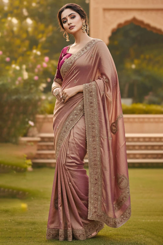 Designer Pink Embroidery Work Chiffon Silk Saree With Glittering Full Stitched Blouse