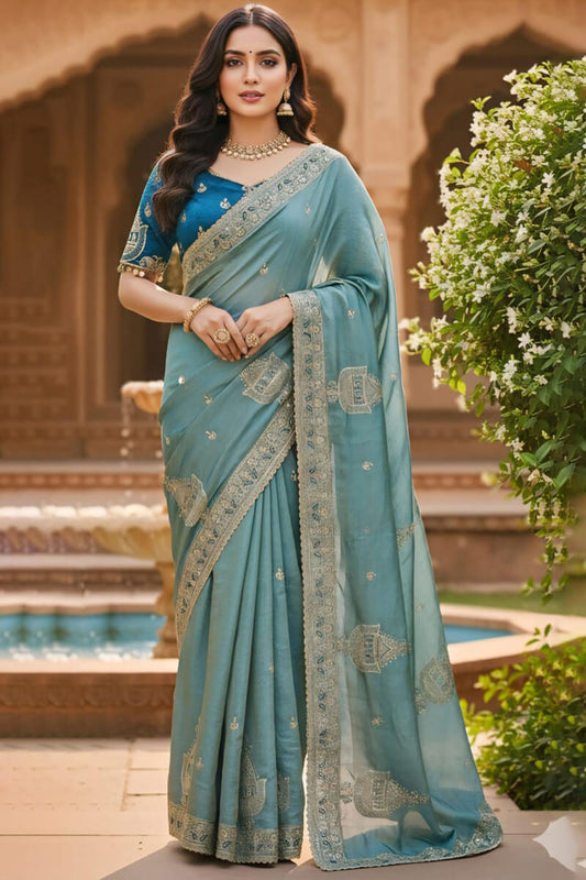 Enigmatic Sky Embroidery Work Chiffon Silk Saree With Elaborate Full Stitched Blouse