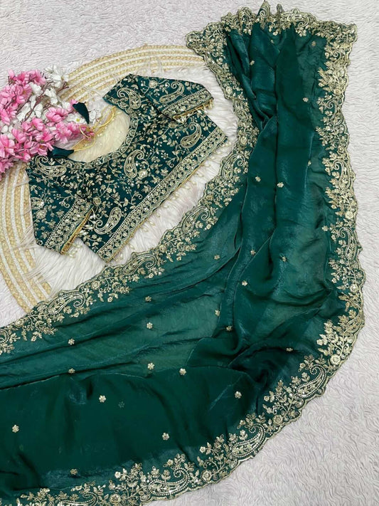 Exquisite Dark Green Embroidery Work Fancy Silk Saree With Rhapsodic Full Stitched Blouse