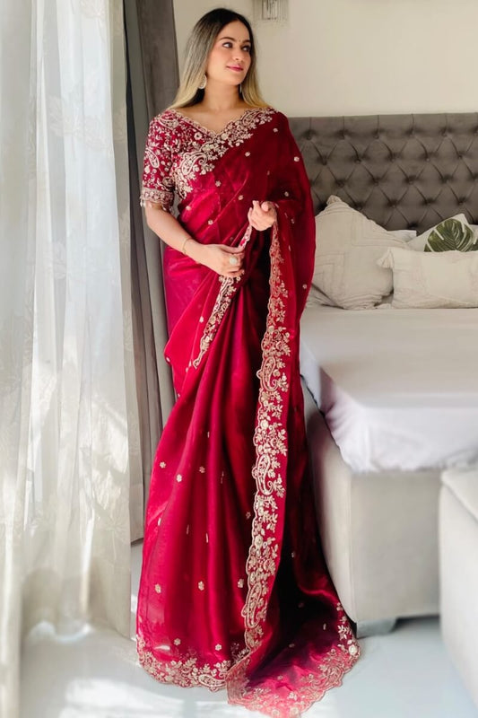 Arresting Dark Pink Embroidery Work Fancy Silk Saree With Ratatouille Full Stitched Blouse