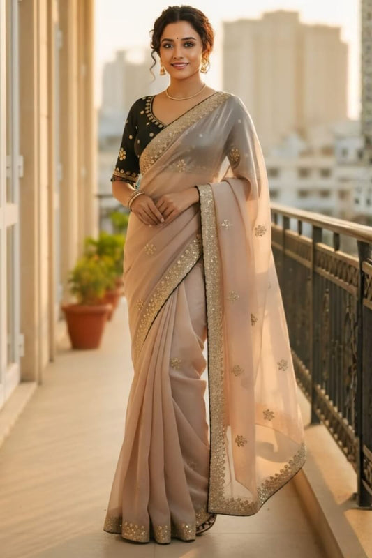 Splendorous Beige Embroidery Work Jimmy Choo Silk Saree With Lagniappe Full Stitched Blouse