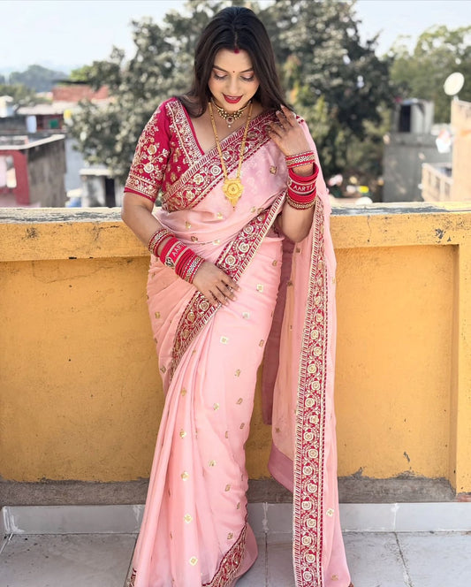 Imaginative Pink Rangoli Silk Sequence Embroidery Work Saree