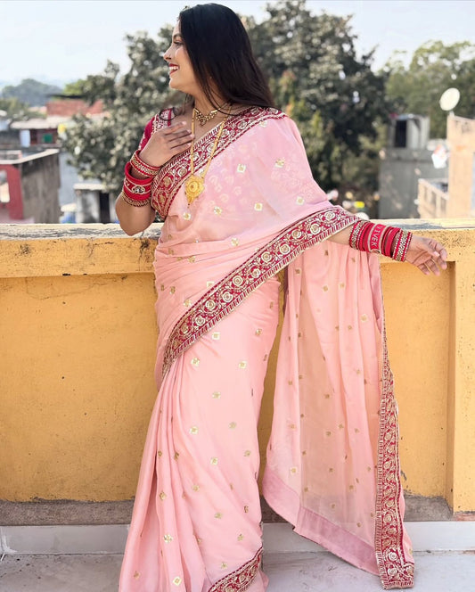 Imaginative Pink Rangoli Silk Sequence Embroidery Work Saree
