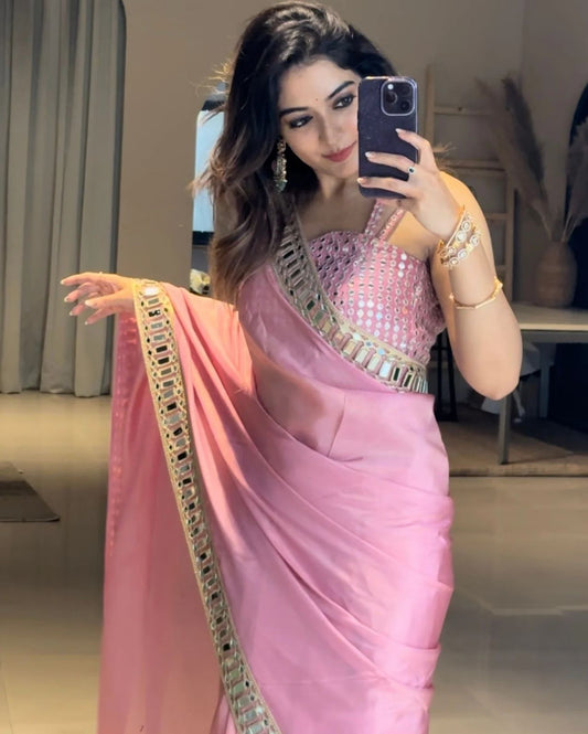 Invaluable Pink Satin Silk Mirror Work Saree With Seraphic Blouse Piece
