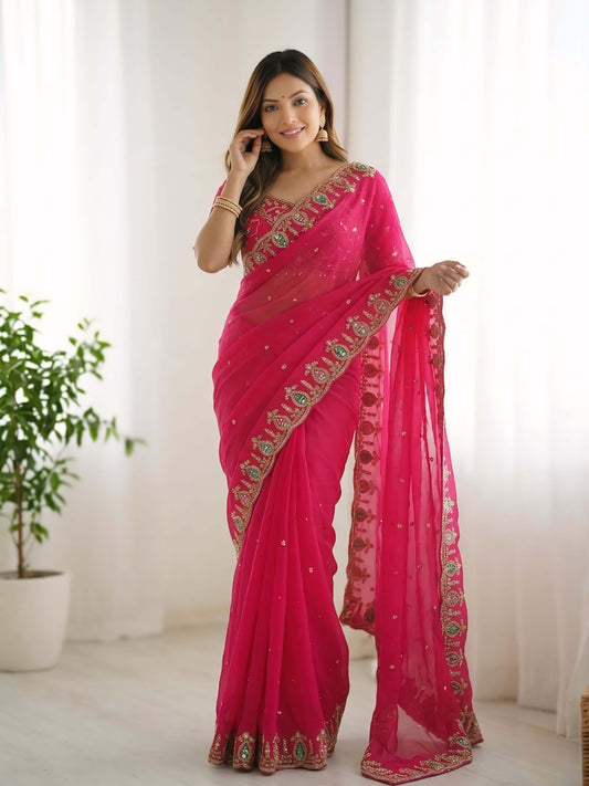 Proficient Dark Pink Fendy Silk Sequence Embroidery Work Saree With Stitched Blouse