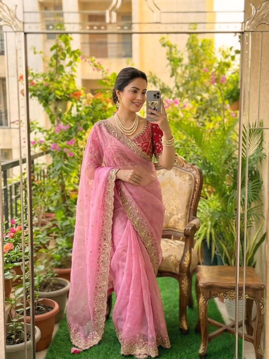 Seraglio Pink Fendy Silk Sequence Embroidery Work Saree With Stitched Blouse