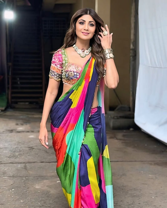 Bollywood Inspired Multicolor Chinon Silk Saree With Full Stitched Blouse