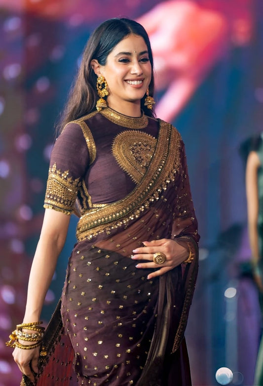 Bollywood Inspired Brown Twill Net Saree With Full Stitched Blouse