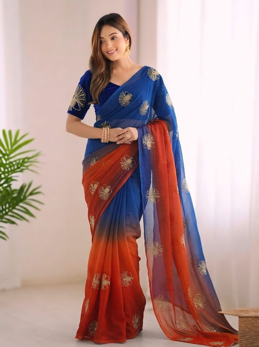 Gleaming Blue and Orange Fandy Silk Sequence Embroidery Work Saree