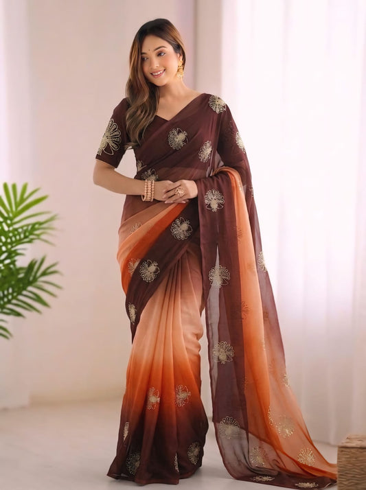 Gleaming Brown and Peach Fandy Silk Sequence Embroidery Work Saree