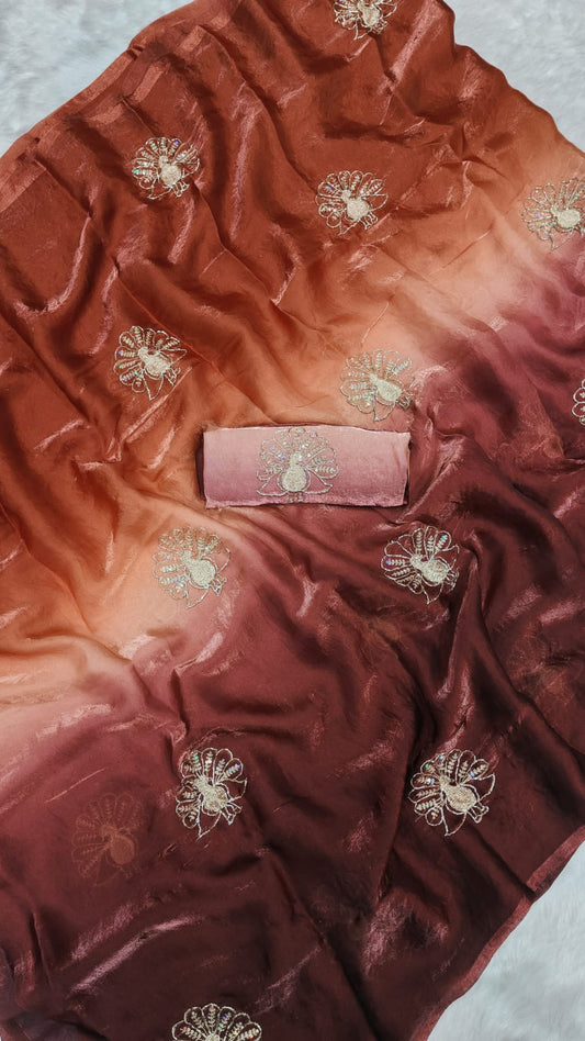 Gleaming Brown and Peach Fandy Silk Sequence Embroidery Work Saree
