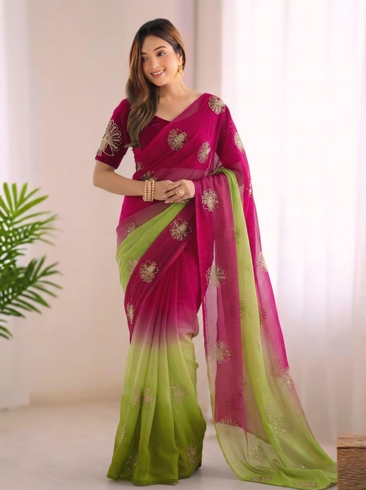 Gleaming Dark Pink and Green Fandy Silk Sequence Embroidery Work Saree
