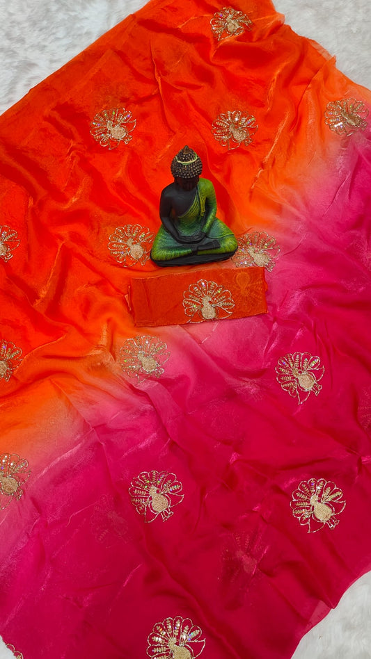 Gleaming Dark Pink and Orange Fandy Silk Sequence Embroidery Work Saree