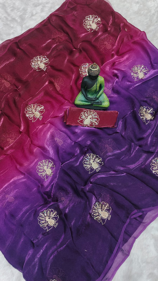 Gleaming Dark Pink and Purple Fandy Silk Sequence Embroidery Work Saree