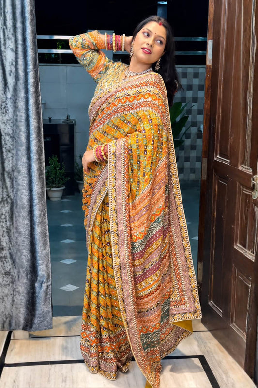 Improbable Yellow Chinon Silk Printed Mirror Work Saree