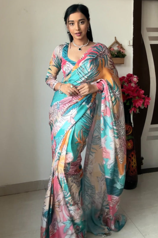 Intricate 1-Minute Ready To Wear Multicolor Printed Georgette Saree - thelotusfab