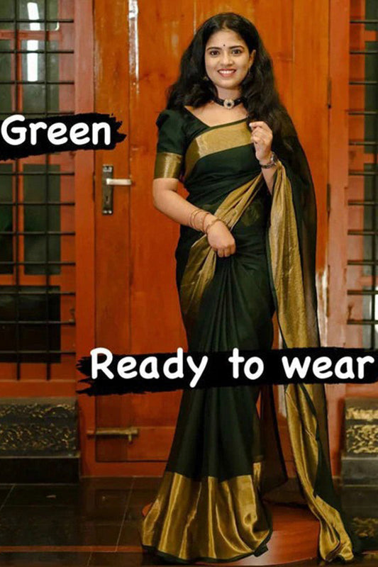 Winsome 1-Minute Ready To Wear Dark Green Chiffon Silk Saree - thelotusfab