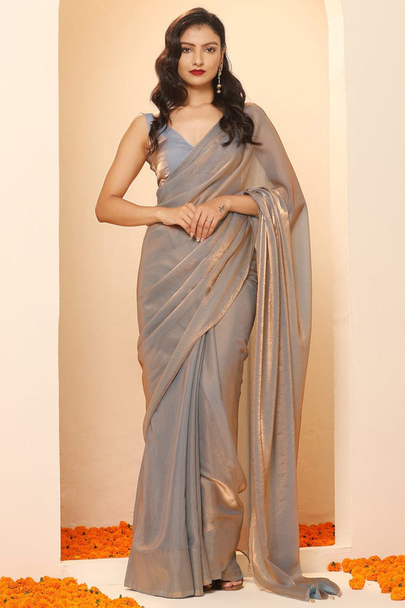 Exquisite Grey Fancy Silk Saree With Desuetude Blouse Piece Thelotusfab