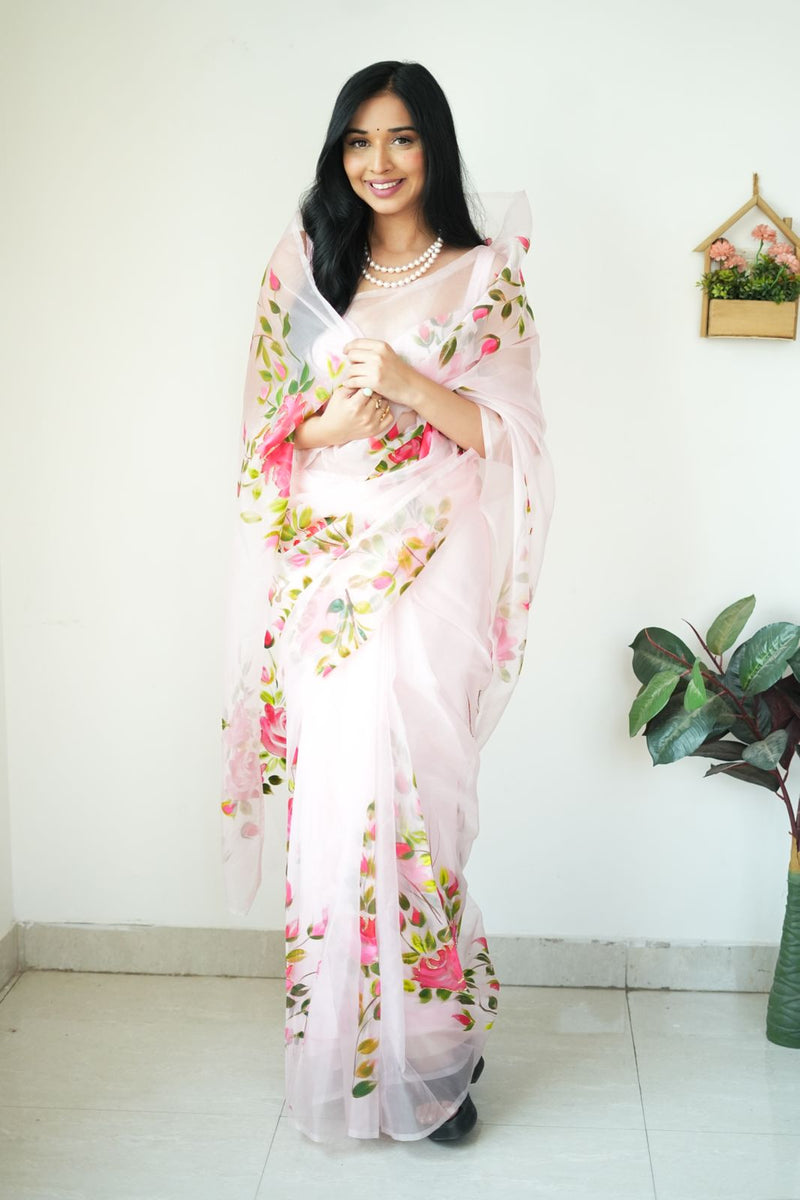 Organza silk saree x light gold zari - Aqua x Pastel Pink