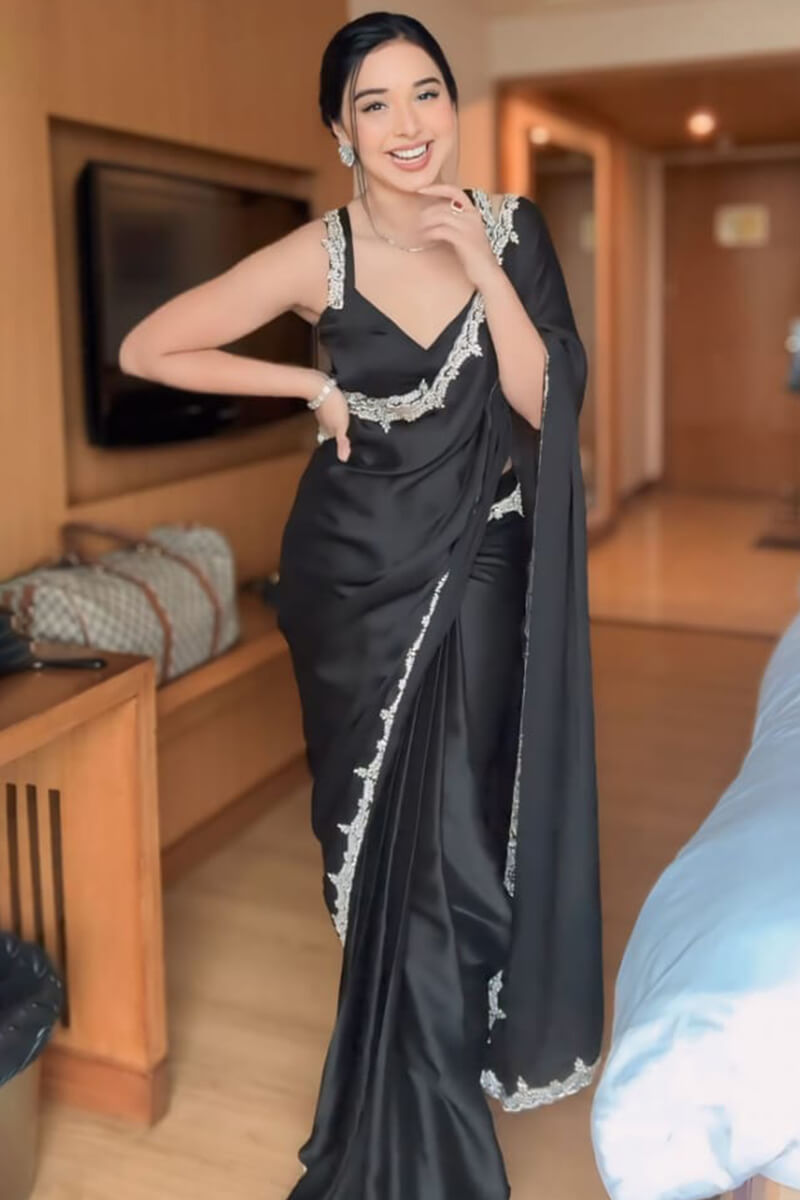 Black Satin Silk Readymade/Easy Saree