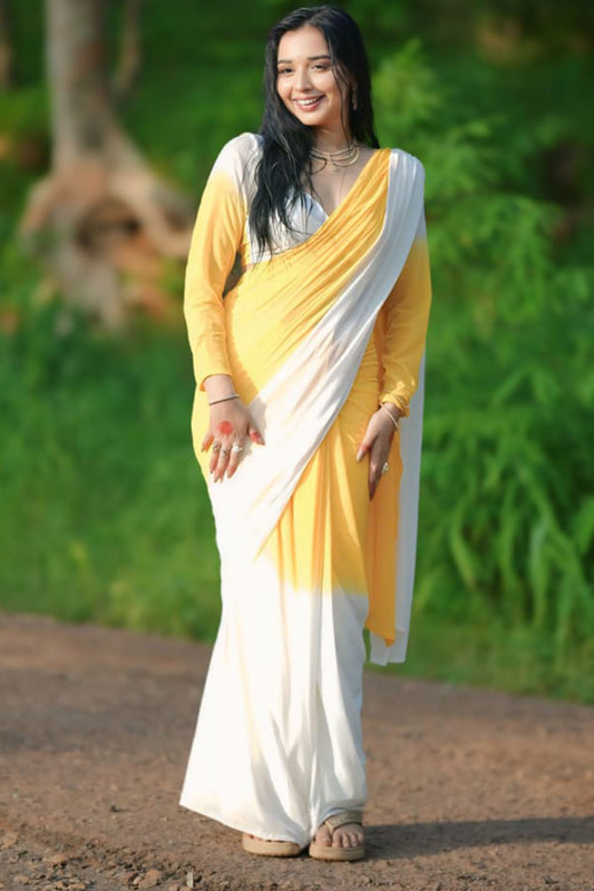 Impressive 1-Minute Ready To Wear Yellow & White Georgette Saree