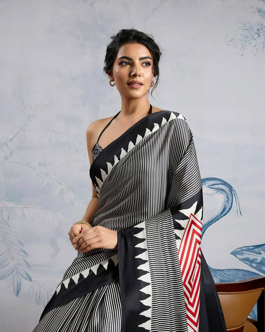 Susurrous Black 1 Minute Ready To Wear Digital Printed Crape Silk Saree