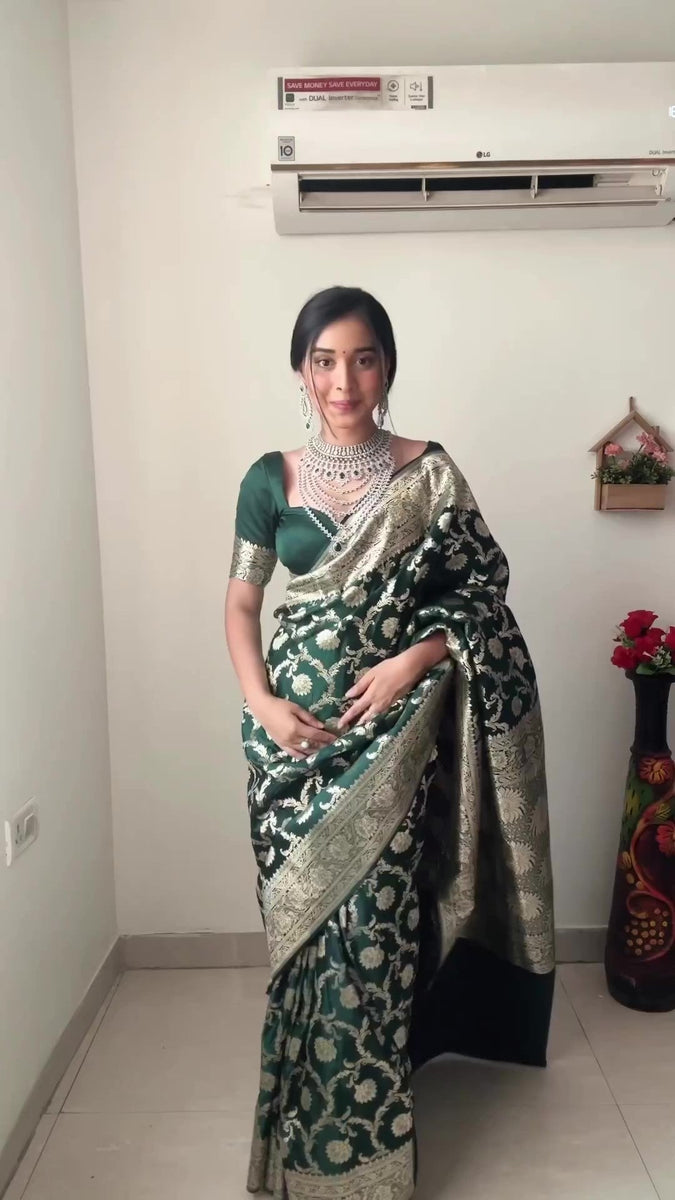 Padma Dark Green Silk Blend Woven Motif Work Ready To Wear One Minute Saree main image 1