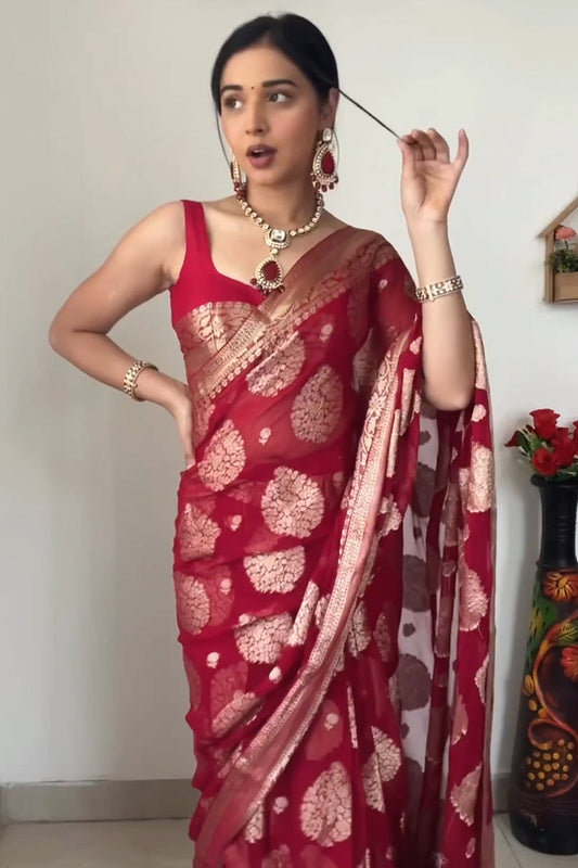 Excellent 1-Minute Ready To Wear Red Cotton Silk Saree - thelotusfab