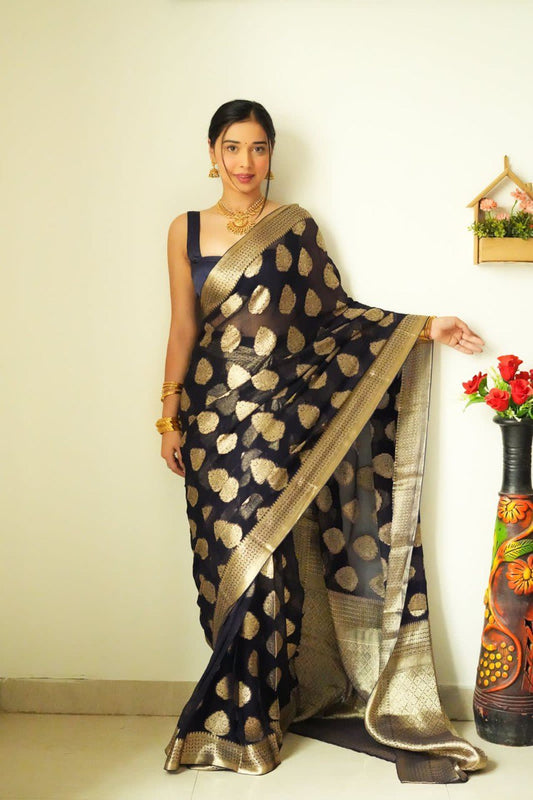 Magnetic 1-Minute Ready To Wear Black Cotton Silk Saree - thelotusfab