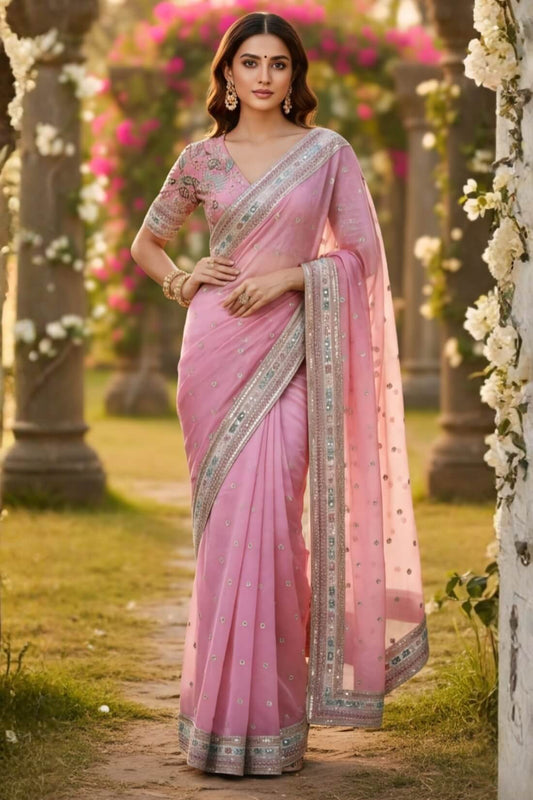 Invaluable Pink Organza Silk Sequence Work Saree With Glittering Blouse Piece