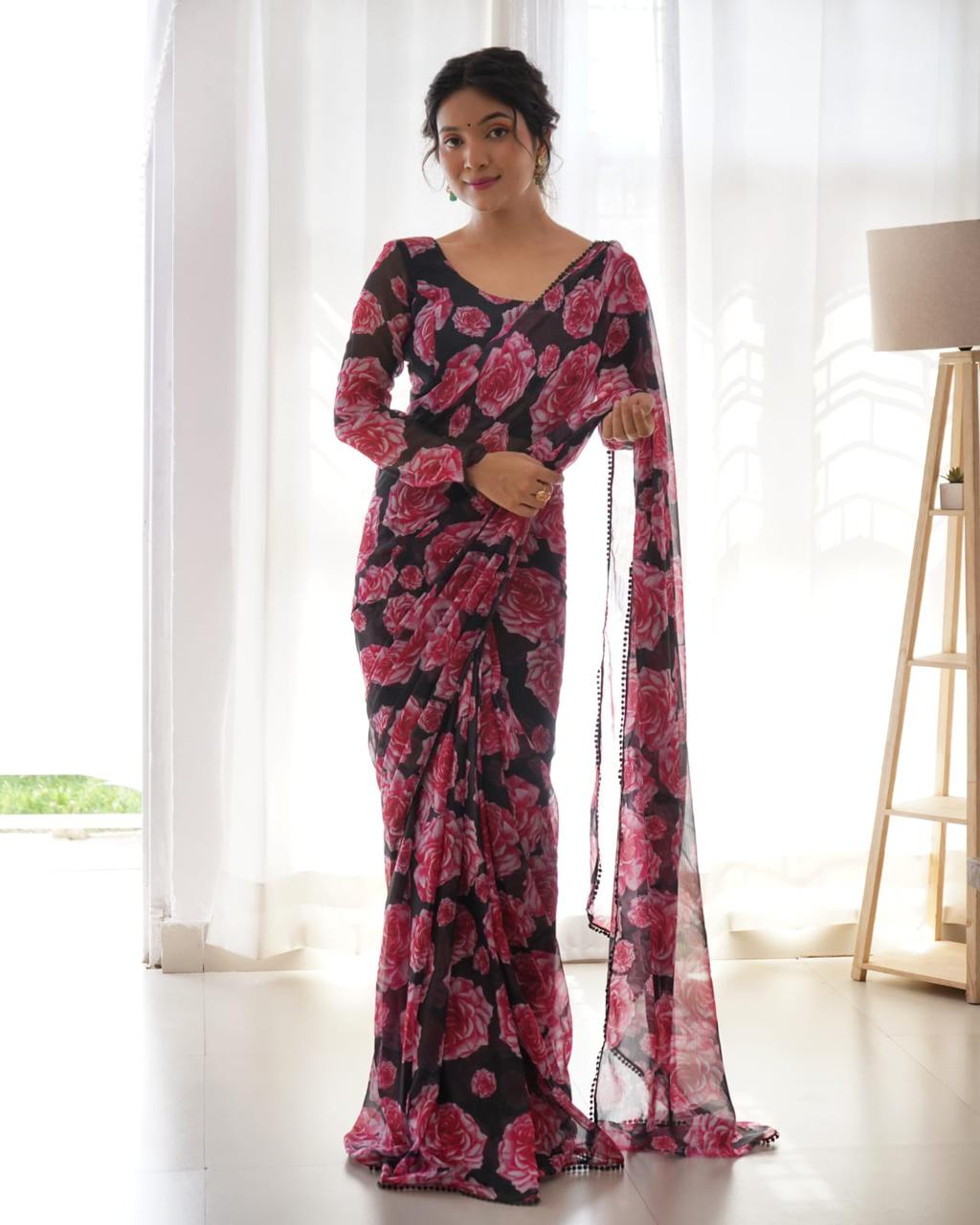 Marvellous 1-Minute Ready To Wear Black Georgette Saree - thelotusfab