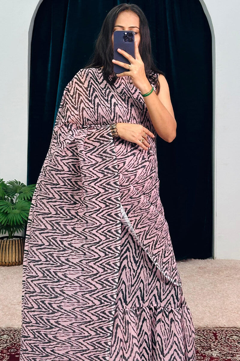 Trendy Baby Pink 1-Minute Ready To Wear Georgette Gown Saree - thelotusfab