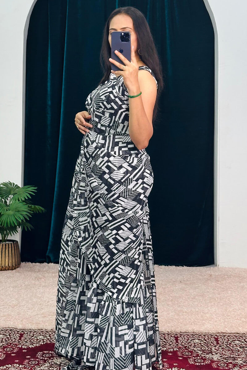 Stunning Black And White 1-Minute Ready To Wear Georgette Gown Saree - thelotusfab