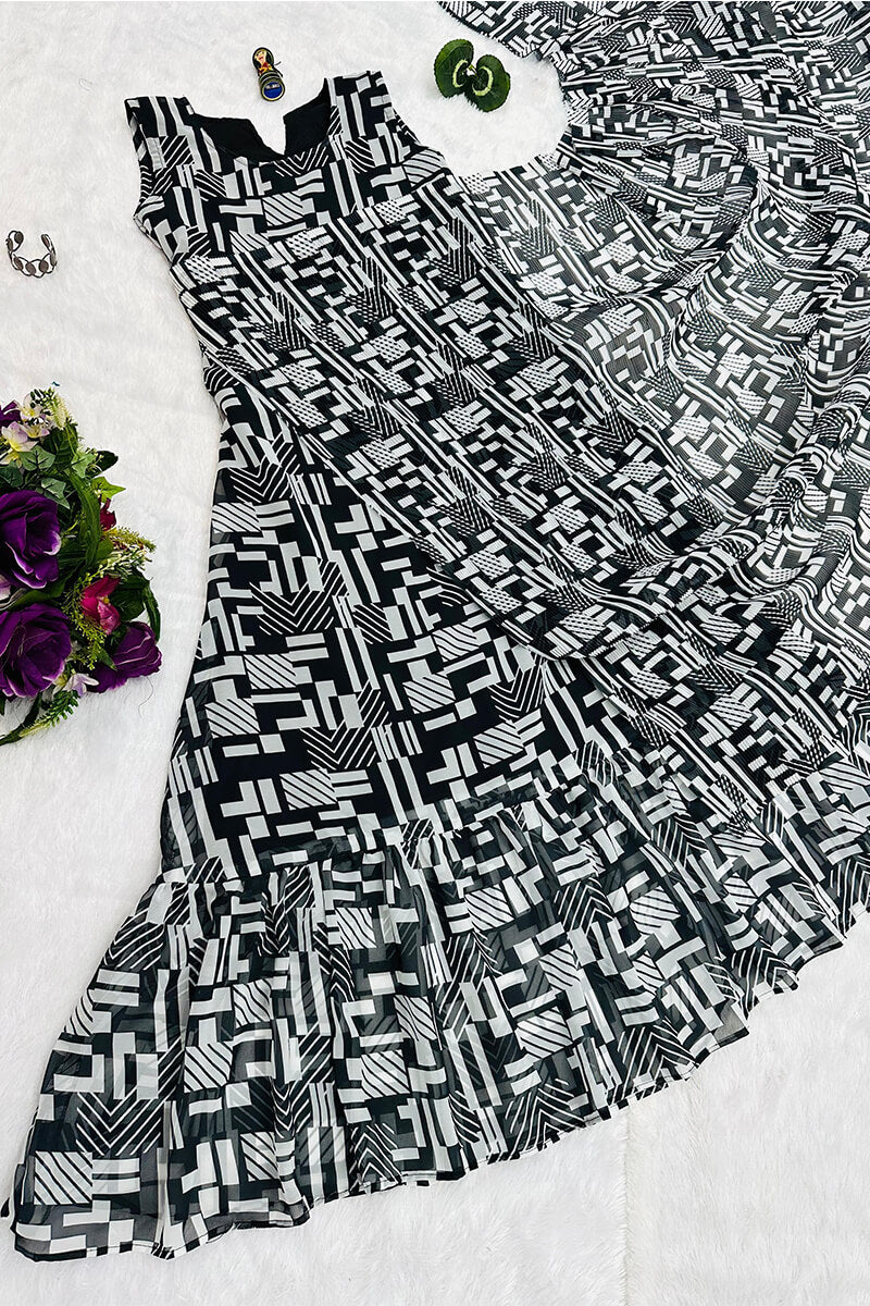 Stunning Black And White 1-Minute Ready To Wear Georgette Gown Saree - thelotusfab