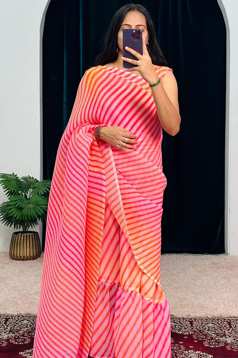 Pretty Pink 1-Minute Ready To Wear Georgette Gown Saree - thelotusfab