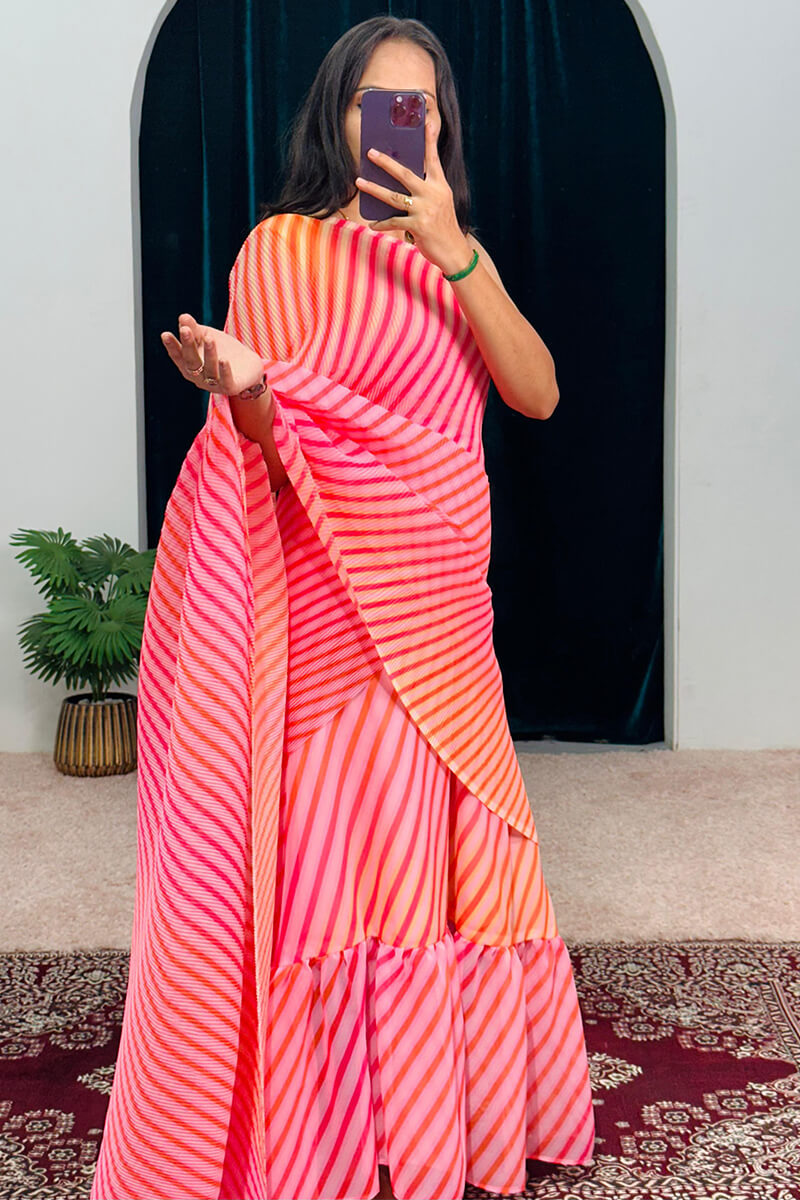 Pretty Pink 1-Minute Ready To Wear Georgette Gown Saree - thelotusfab