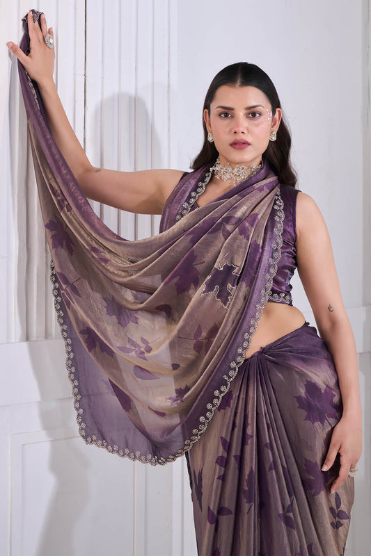 Enamoring Purple Jarkan Work Fandy Silk Saree