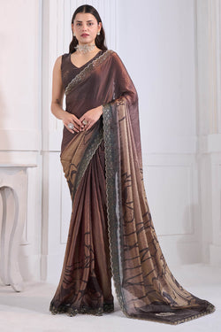 Scintillating Brown Jarkan Work Fandy Silk Saree