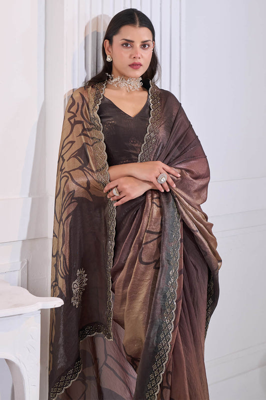 Scintillating Brown Jarkan Work Fandy Silk Saree