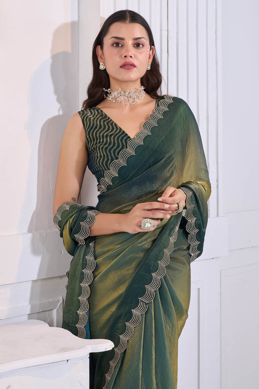 Gratifying Green Jarkan Work Fandy Silk Saree