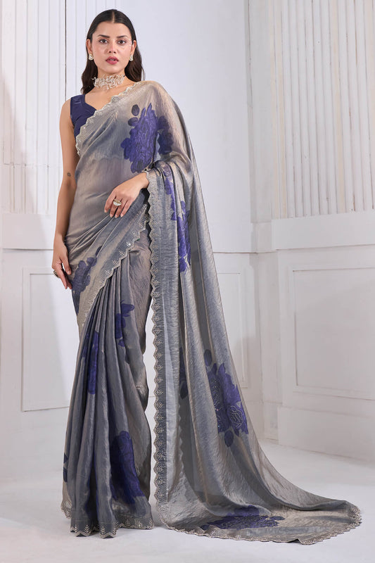 Trendy Blue Jarkan Work Fandy Silk Saree