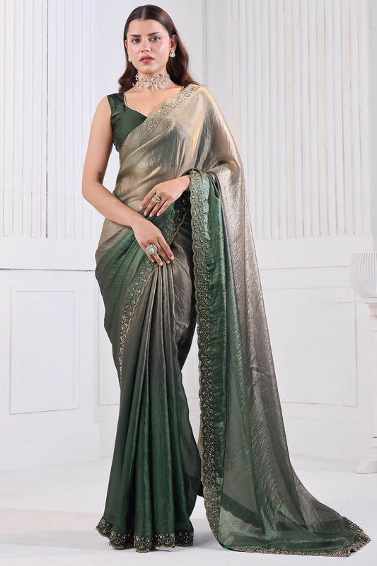 Woebegone Green Jarkan Work Fandy Silk Saree