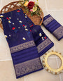 Intricate Navy Blue Digital Printed Dola Silk Saree With Arresting Blouse Piece