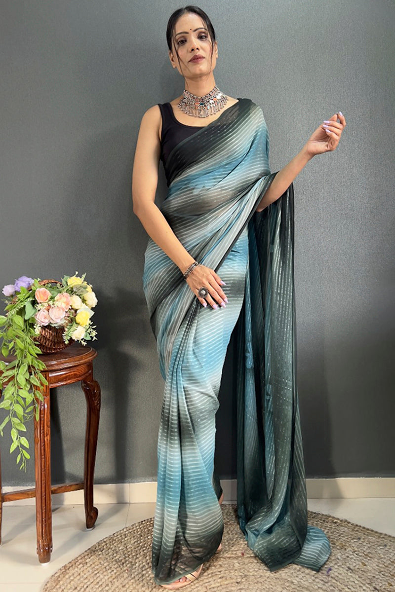 Quintessential 1-Minute Ready To Wear Firozi Georgette Saree - thelotusfab