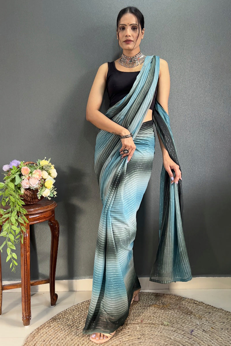 Quintessential 1-Minute Ready To Wear Firozi Georgette Saree - thelotusfab