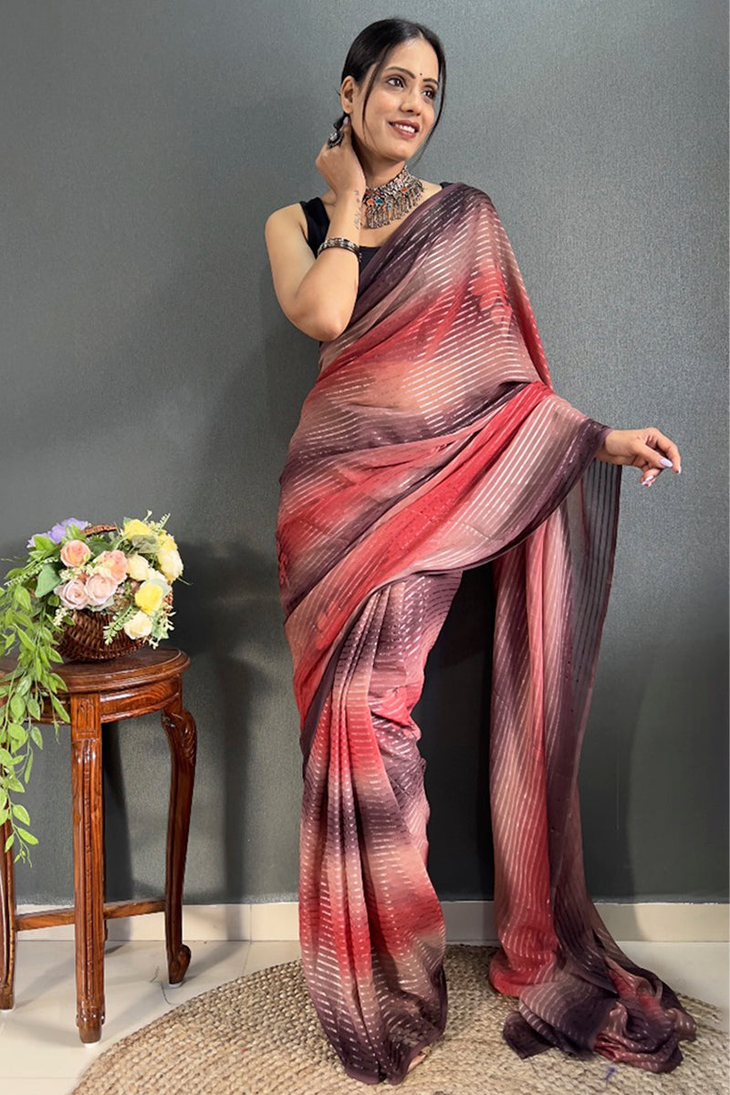 Sumptuous 1-Minute Ready To Wear Maroon Georgette Saree - thelotusfab