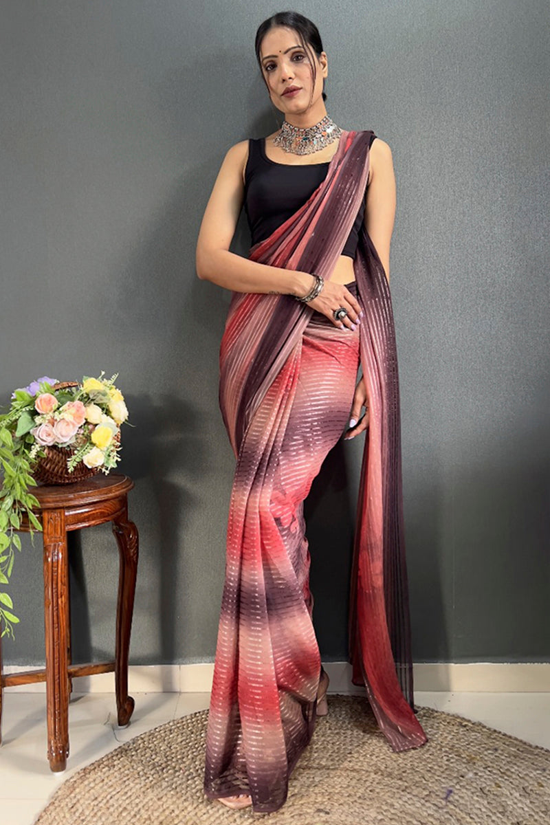 Sumptuous 1-Minute Ready To Wear Maroon Georgette Saree - thelotusfab