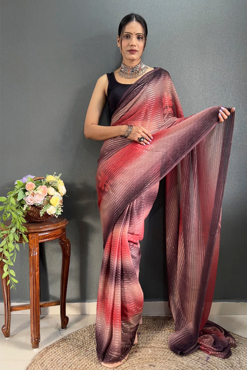 Sumptuous 1-Minute Ready To Wear Maroon Georgette Saree - thelotusfab